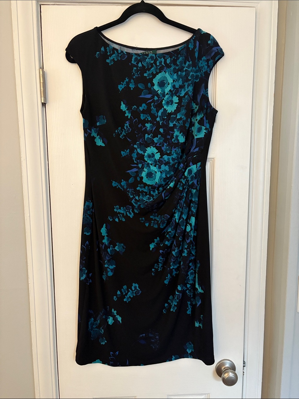 Lauren Ralph Lauren Black Teal Floral Side Ruched Cap Sleeve Sheath Dress 12